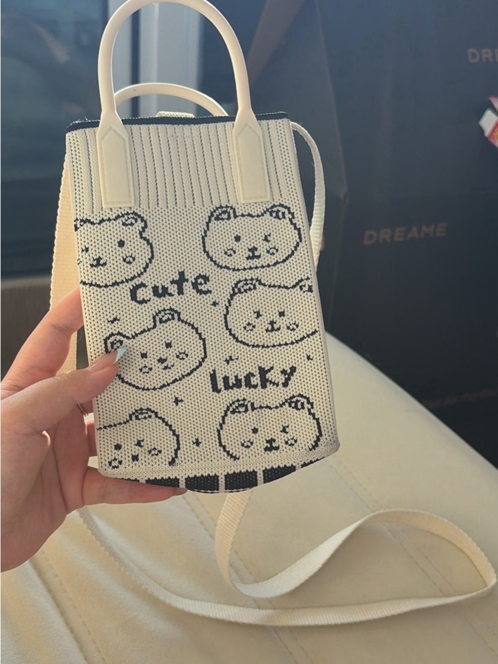 Cute Lucky Bear Knit Crossbody Bag - White/Black